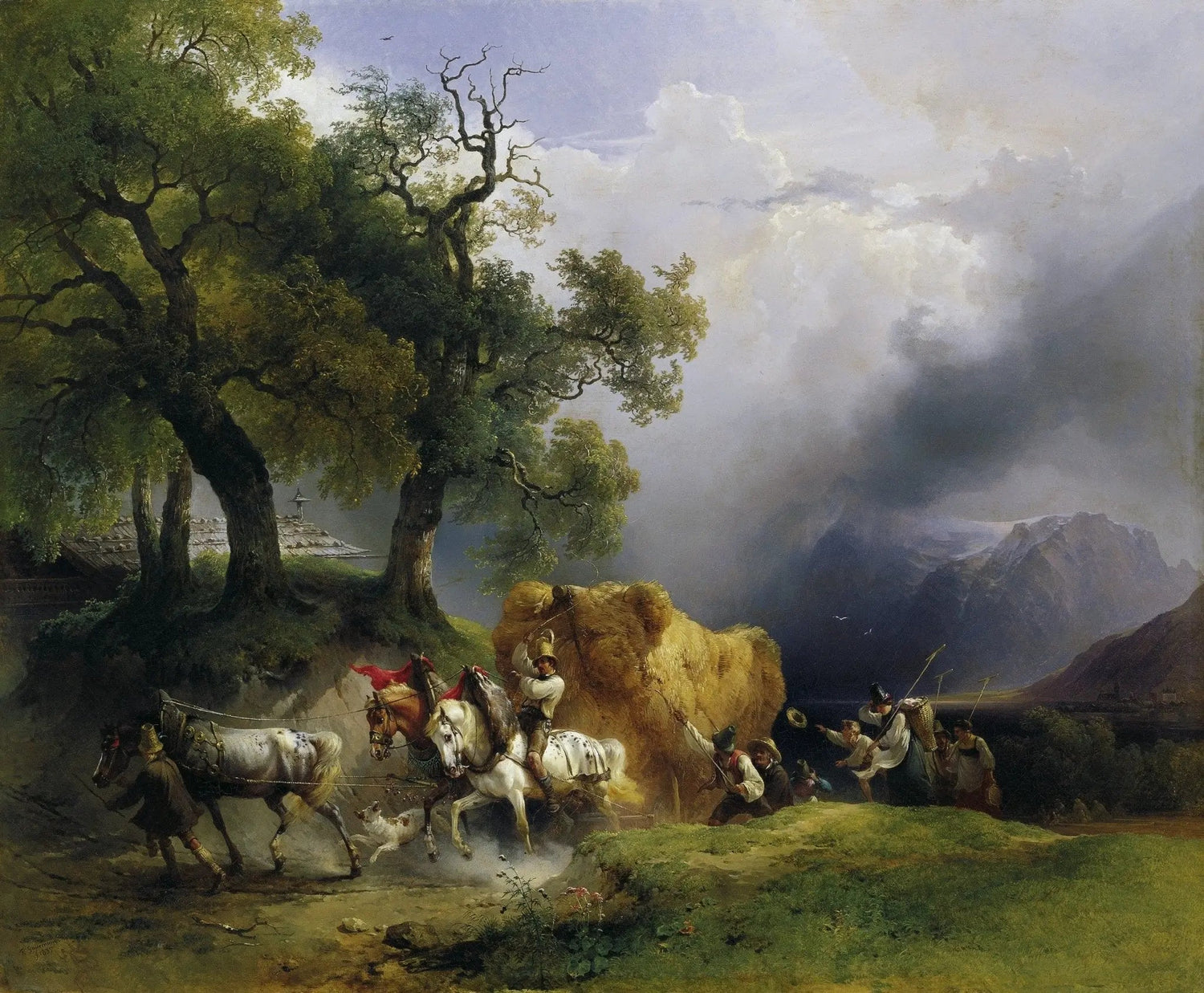 Landscape Oil Painting - Rural Haymaking with Horses & Figures - Oil Painting Haven