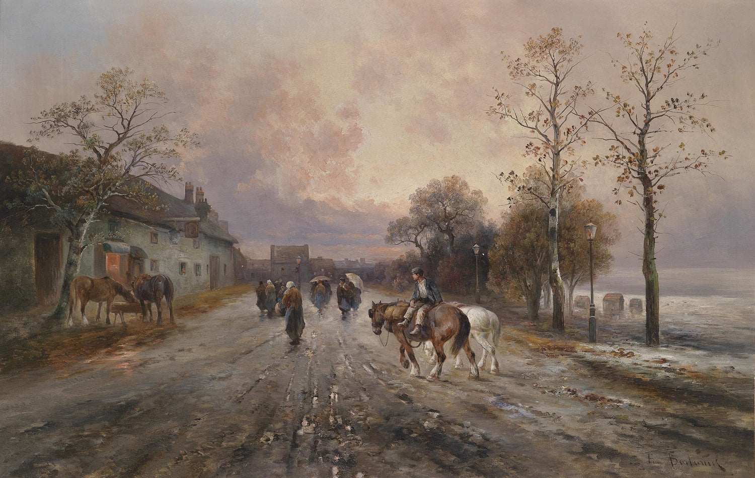 Landscape Oil Painting - Rural Lane, Horses, Pedestrians & Dusk Skies - Oil Painting Haven