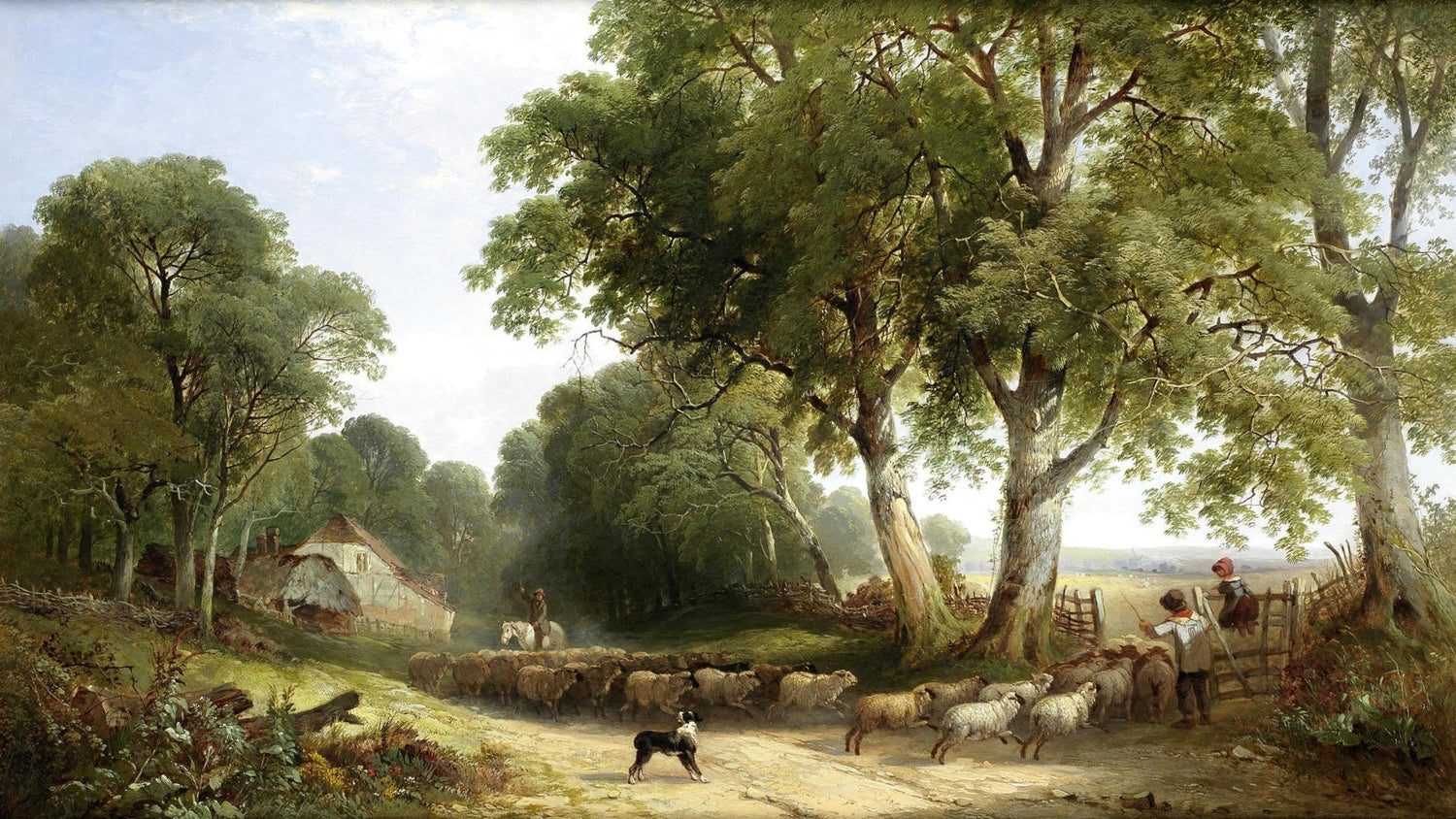 Landscape Oil Painting - Rural Path, Sheep Herd & Lush Woodland Cottage - Oil Painting Haven