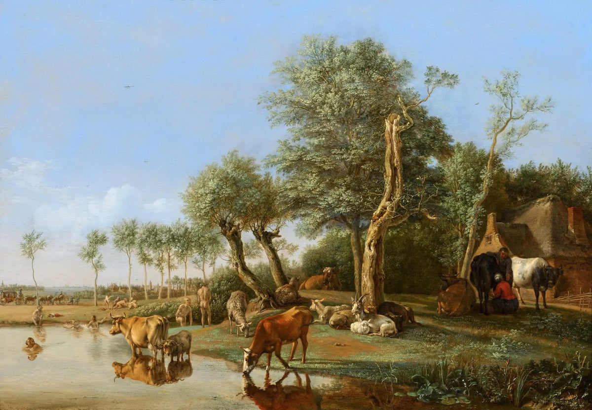 Hand painted landscape oil painting on canvas depicting rural animals by a pond with textured brushwork and countryside. - Add Frame, Animal, Canvas, Country, Figure, Hand Painted, Lake, Landscape, Made To Order, Oil Painting
