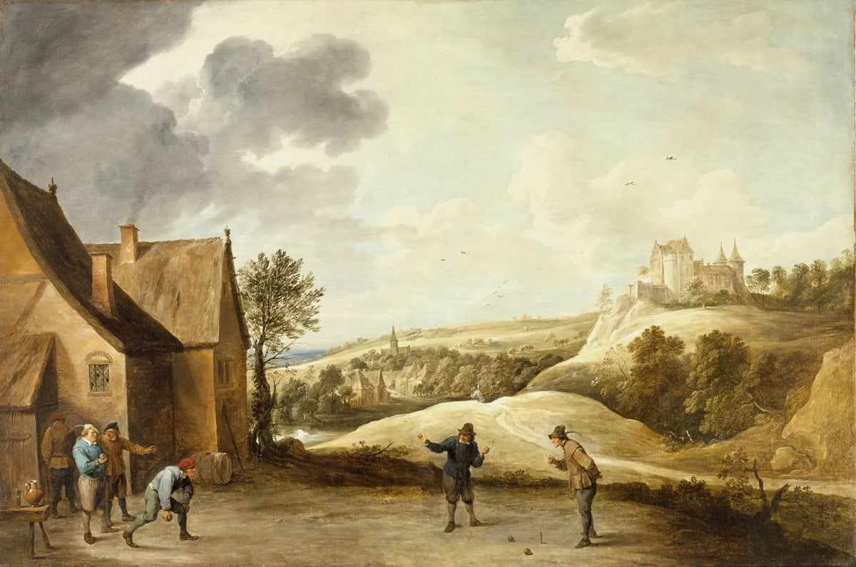 Landscape oil painting on canvas depicting rural figures playing outdoors near thatched cottages with a distant castle on a. - Add Frame, Architecture, Canvas, Castle, Country, Figure, Hand Painted, Landscape, Made To Order, Oil Painting, Village