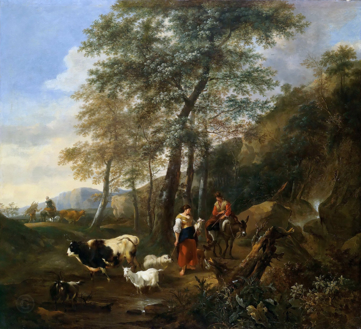 Landscape oil painting with figures and livestock on a rural path, hand painted oil on canvas with textured brushwork, tall. - Add Frame, Canvas, Country, Figure, Forest, Hand Painted, Landscape, Made To Order, Mountain, Oil Painting