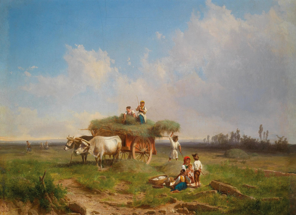 Landscape oil painting of rural field with ox cart carrying hay, figures resting nearby, hand painted oil on canvas with. - Add Frame, Canvas, Country, Field, Figure, Hand Painted, Landscape, Made To Order, Oil Painting