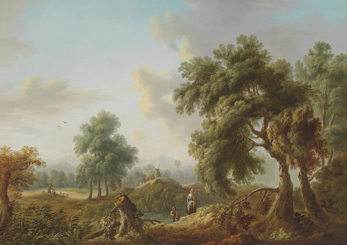 Hand painted landscape oil painting on canvas showing rural trees, figures, and animals with textured brushwork under a. - Add Frame, Animal, Canvas, Country, Figure, Forest, Hand Painted, Landscape, Made To Order, Oil Painting