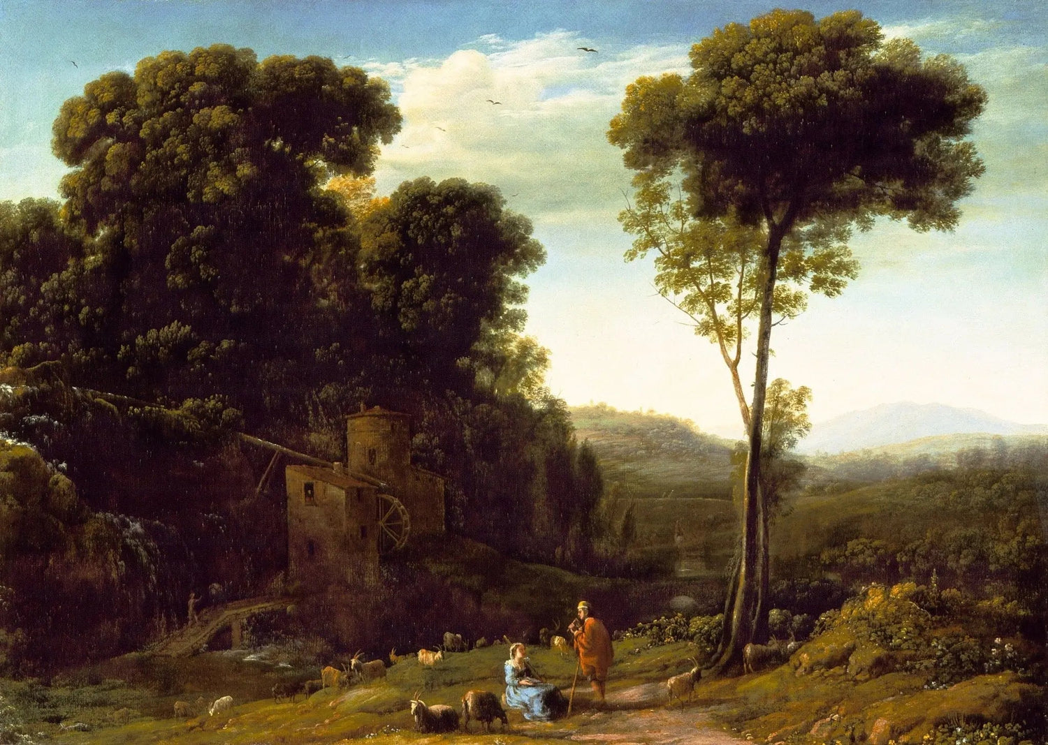 Hand painted oil on canvas landscape oil painting of rural watermill scene with figures and livestock, textured brushwork. - Add Frame, Canvas, Country, Figure, Hand Painted, Landscape, Made To Order, Oil Painting