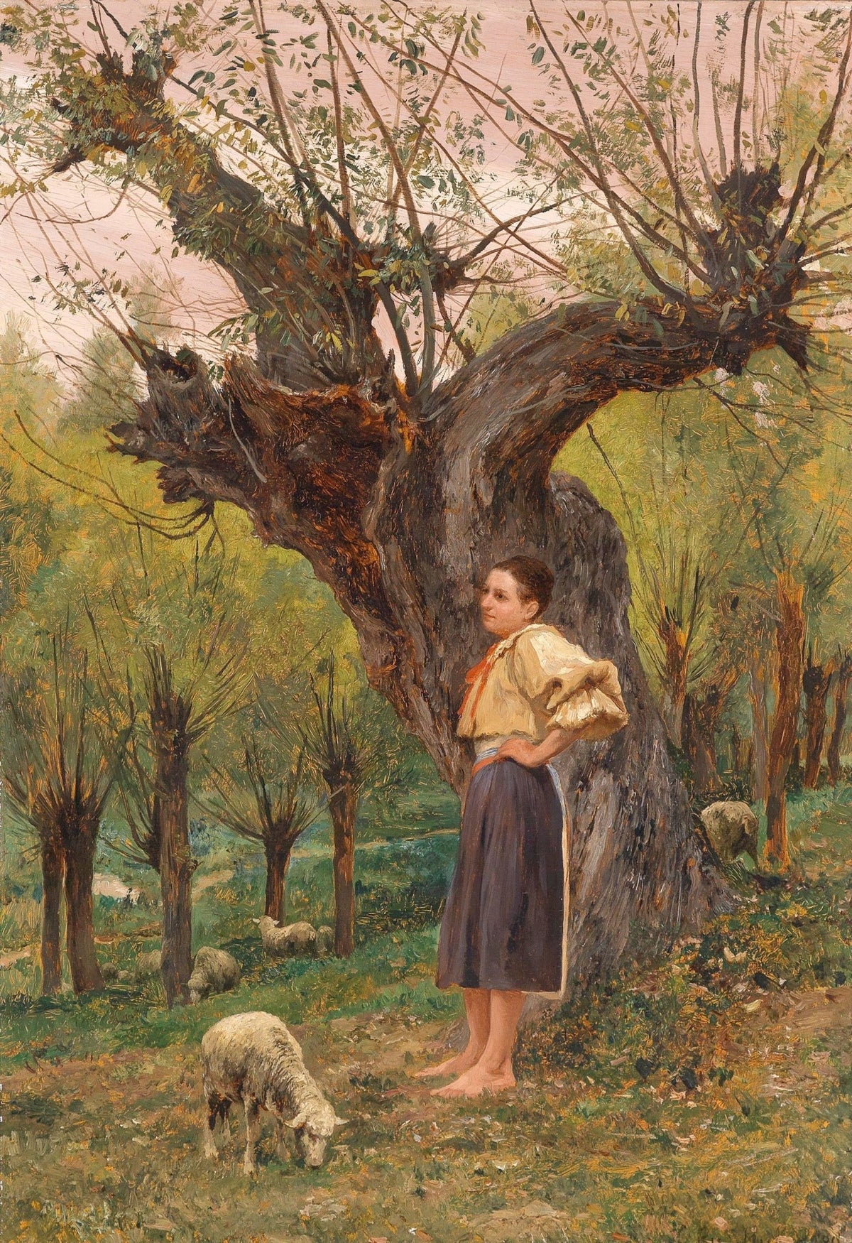 Hand painted landscape oil painting on canvas of a rural shepherdess in a yellow blouse and brown skirt standing barefoot by . - Animal, Canvas, Country, Farm, Forest, Hand Painted, Landscape, Made To Order, Oil Painting