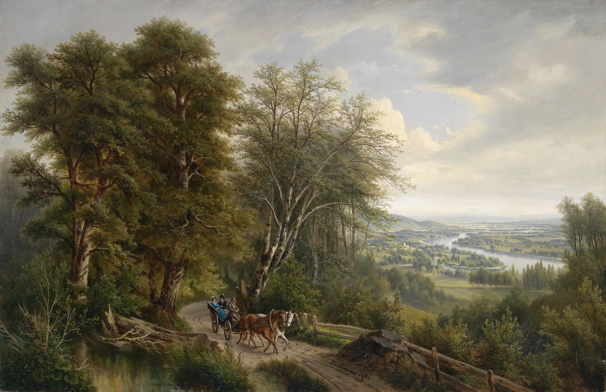 Hand painted oil on canvas landscape oil painting with textured brushwork depicting a horse-drawn carriage on a country road . - Animal, Canvas, Country, Forest, Hand Painted, Landscape, Made To Order, Mountain, Oil Painting, River, Village