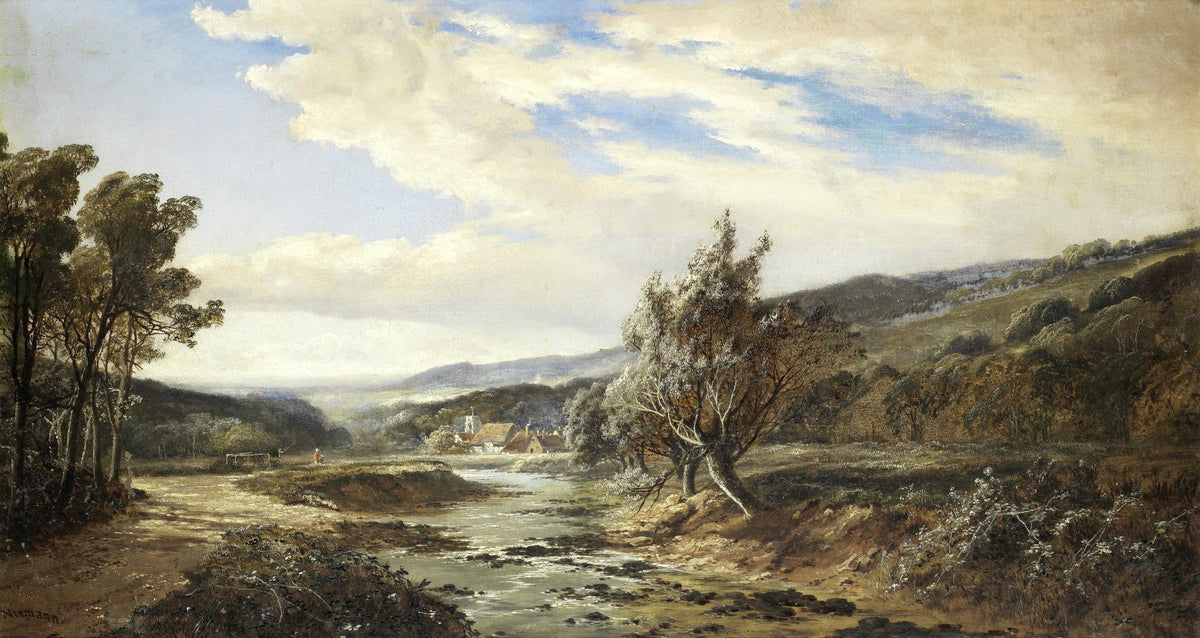 Hand-painted rural valley stream with distant village landscape oil painting on canvas