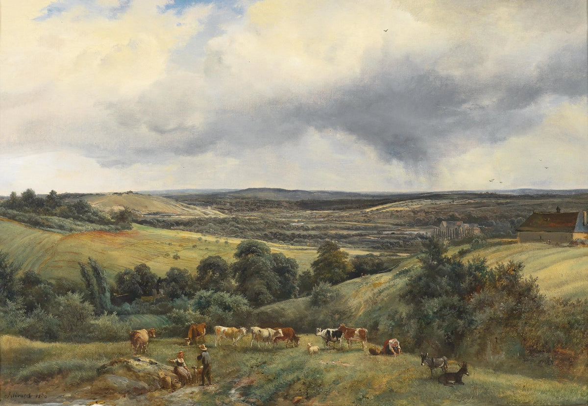 Hand painted oil on canvas landscape oil painting showing rural valley with cattle grazing, figures walking, rolling hills,. - Add Frame, Animal, Canvas, Country, Farm, Figure, Forest, Hand Painted, Landscape, Made To Order, Mountain, Oil Painting