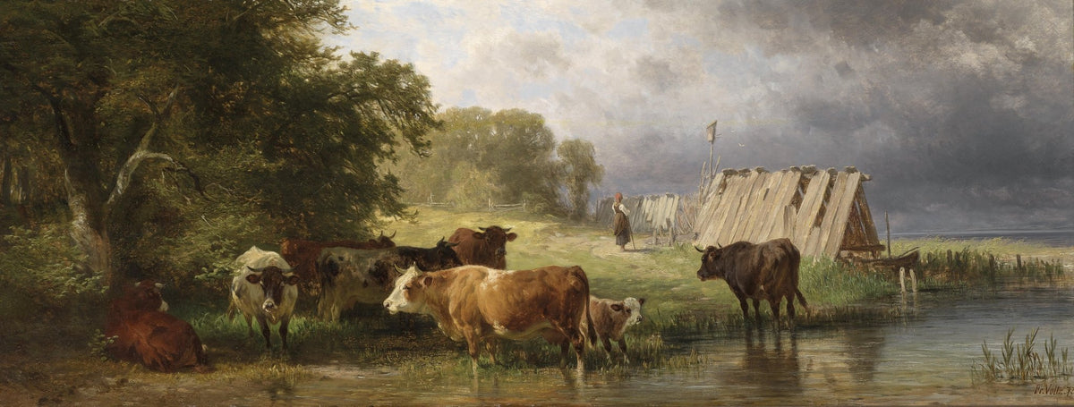 Hand painted landscape oil painting on canvas showing rural waterfront pasture with grazing cows, rustic barn, forest. - Animal, Canvas, Country, Farm, Figure, Forest, Hand Painted, Harbor, Landscape, Made To Order, Oil Painting, Seascape