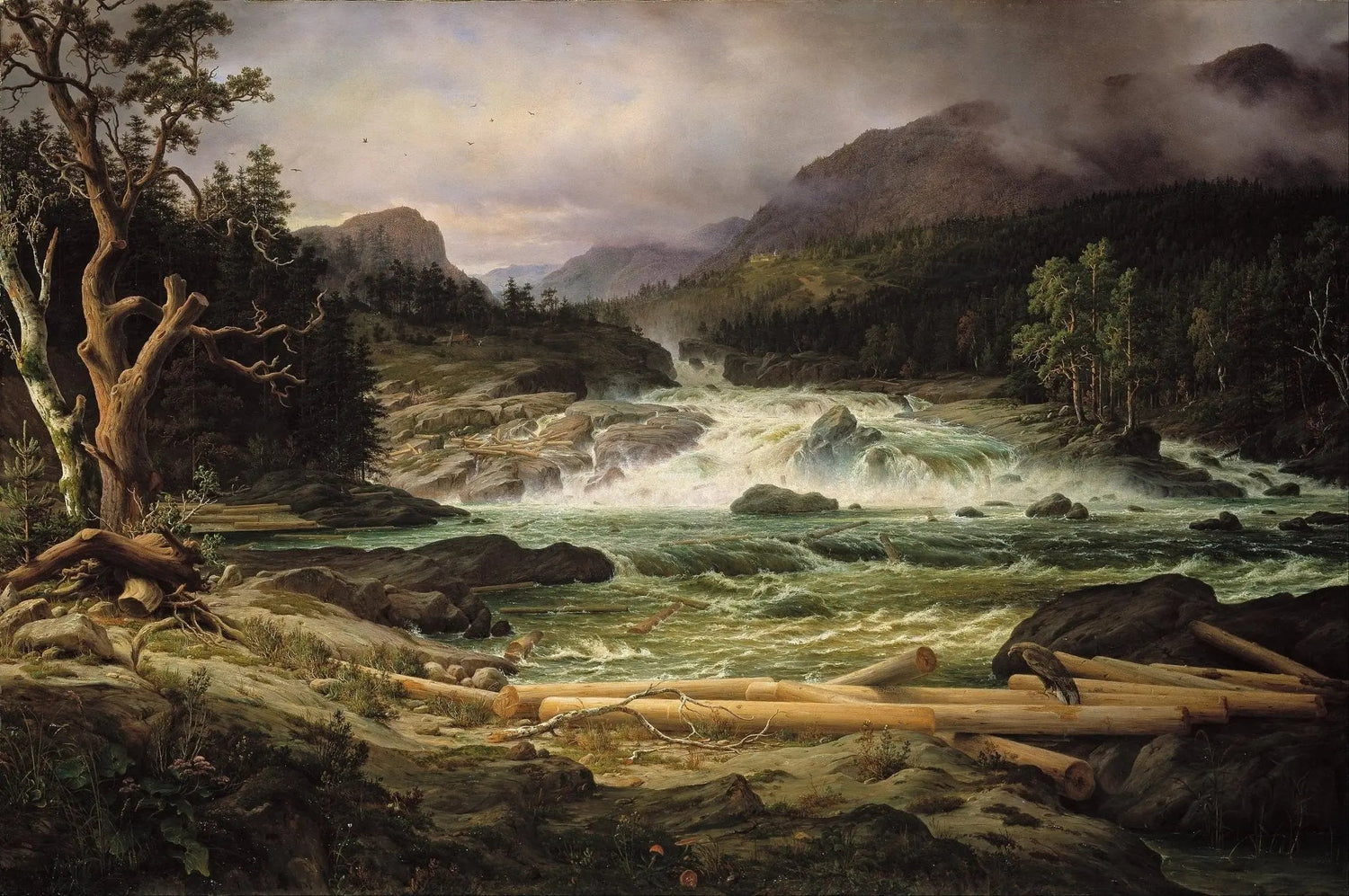 Landscape oil painting of a rushing river with textured brushwork, surrounded by dark green forest and rugged mountains. - Add Frame, Canvas, Forest, Hand Painted, Landscape, Made To Order, Mountain, Oil Painting, River
