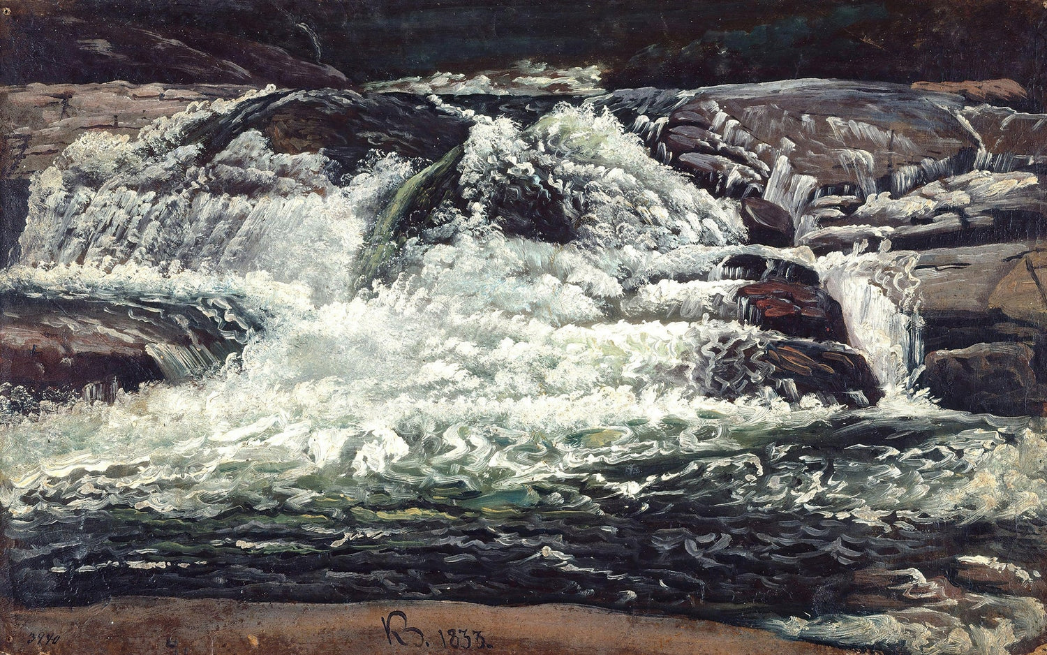 Hand-painted rushing waterfall over rocky stream landscape oil painting on canvas
