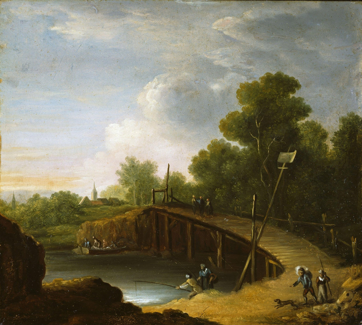 Hand-painted rustic bridge and riverside figures landscape oil painting on canvas