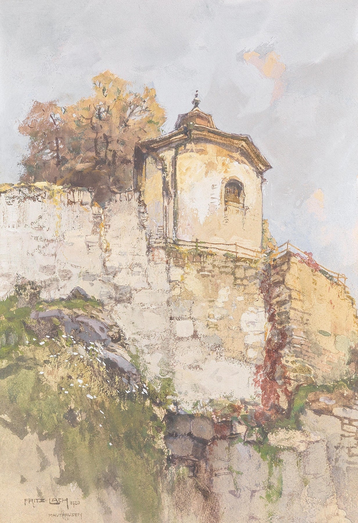 Hand-painted rustic chapel on a hillside stone wall landscape oil painting on canvas