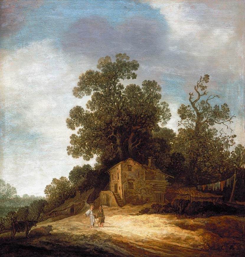 Hand-painted rustic cottage beneath old trees landscape oil painting on canvas