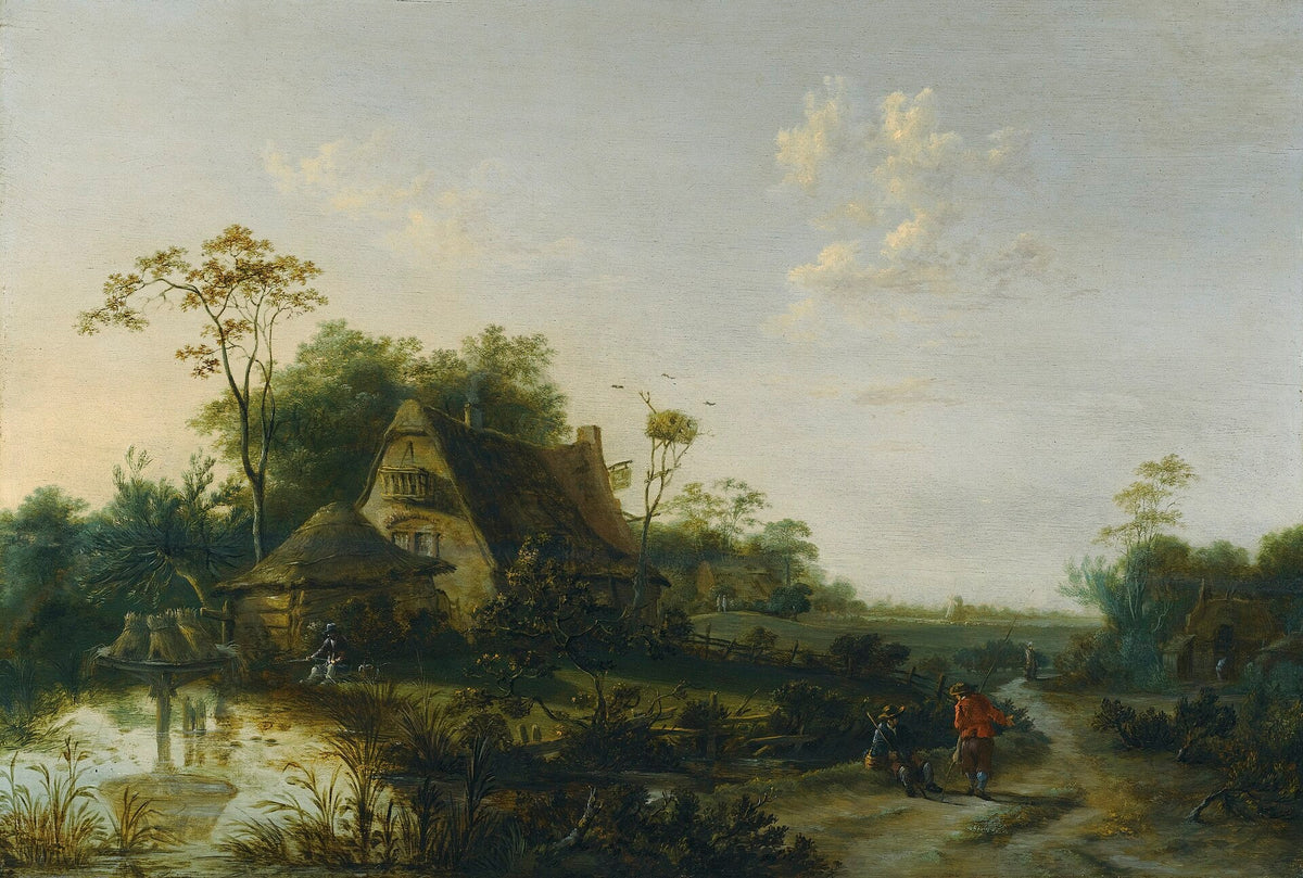 Hand-painted rustic cottage by pond and path landscape oil painting on canvas