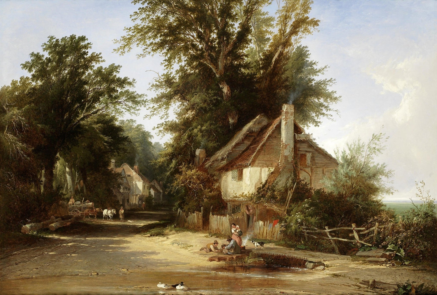 Hand-painted rustic cottage by woodland stream landscape oil painting on canvas
