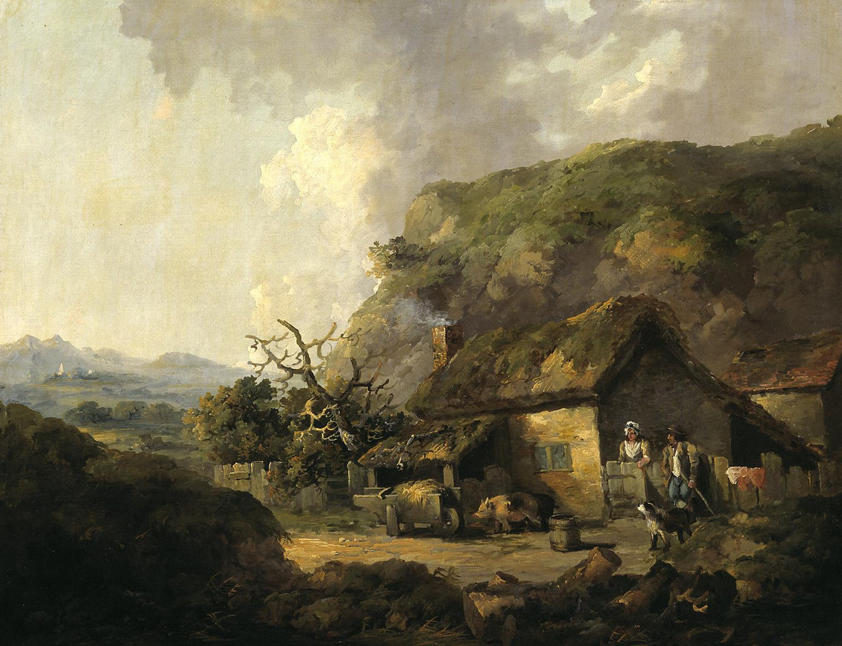 Hand-painted rustic cottage in a hilly valley landscape oil painting on canvas