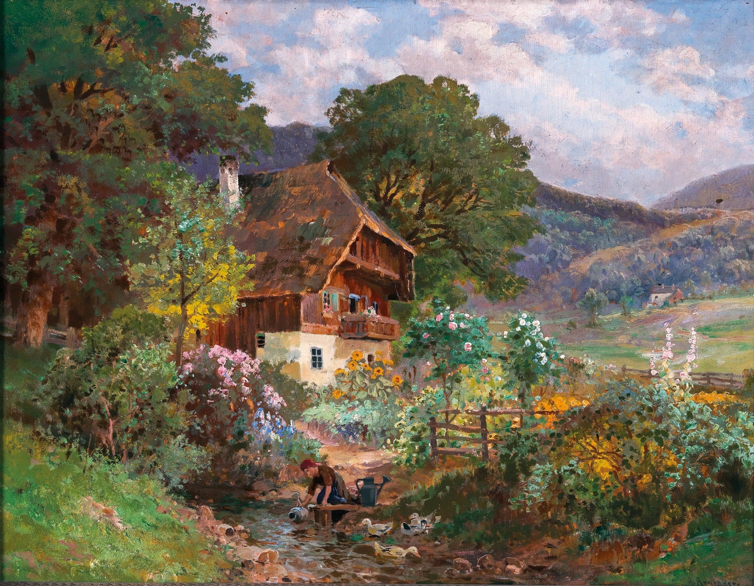 Peinture à l'huile de paysage - Gouffre rocheux spectaculaire avec personnages