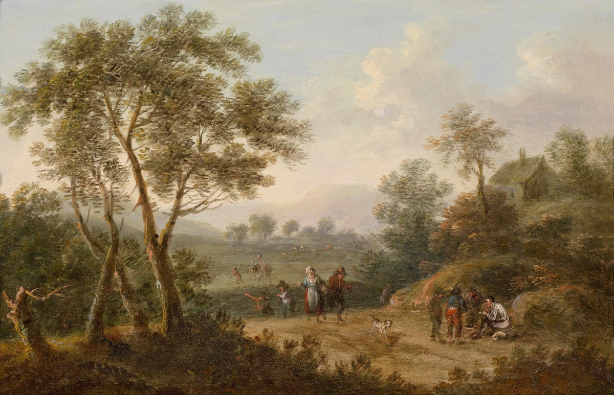 Hand-painted rustic country path with figures landscape oil painting on canvas