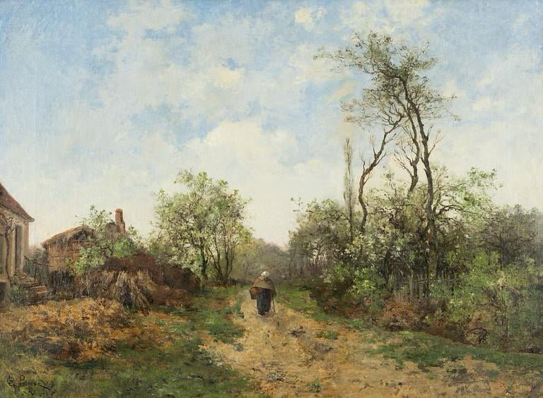 Hand-painted rustic country path with spring trees landscape oil painting on canvas