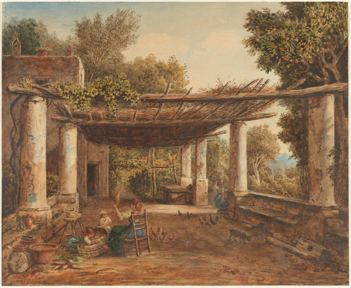 Hand-painted rustic courtyard with pergola and figures landscape oil painting on canvas
