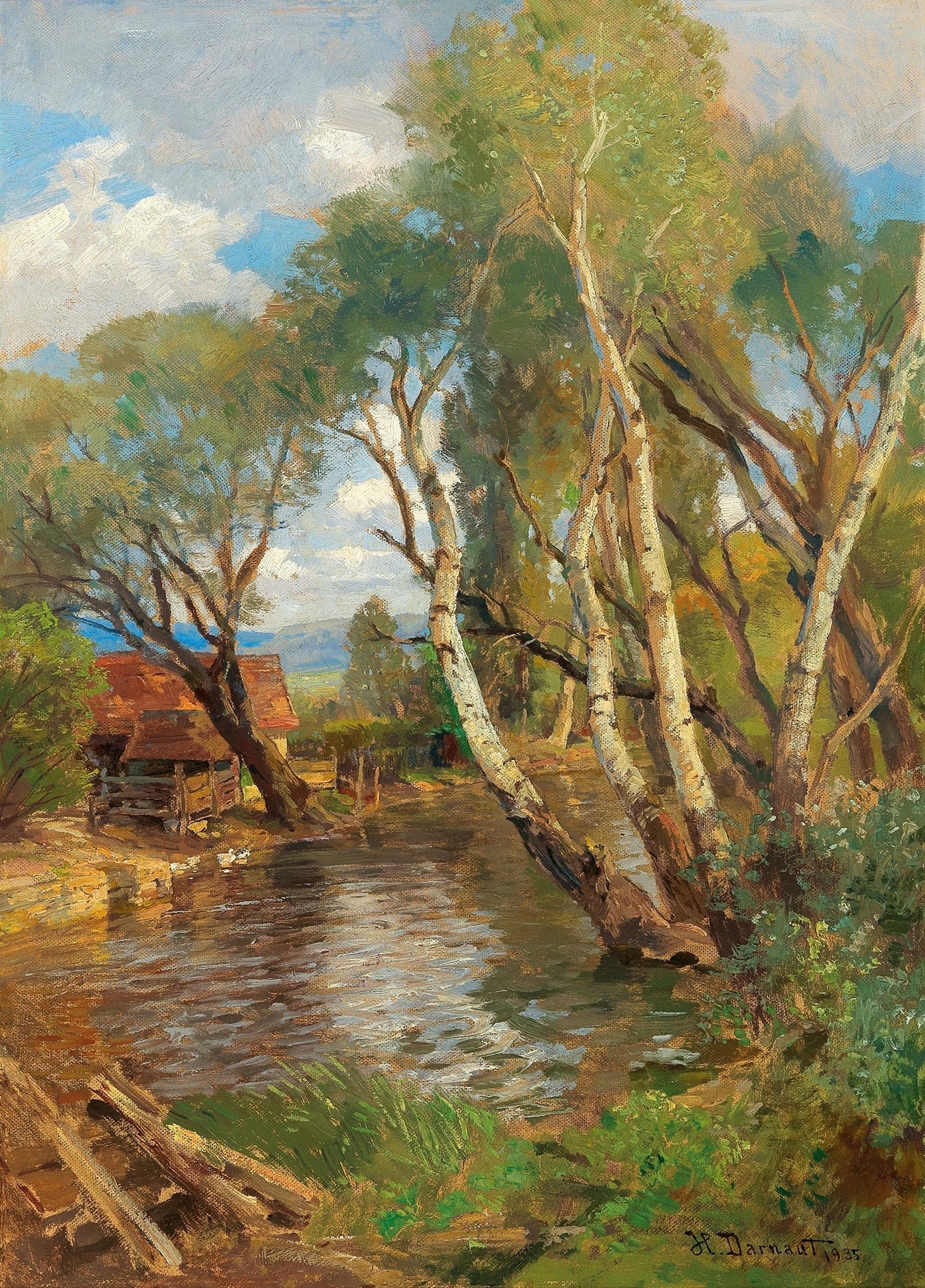 Hand-painted rustic creek and birch cottage view landscape oil painting on canvas