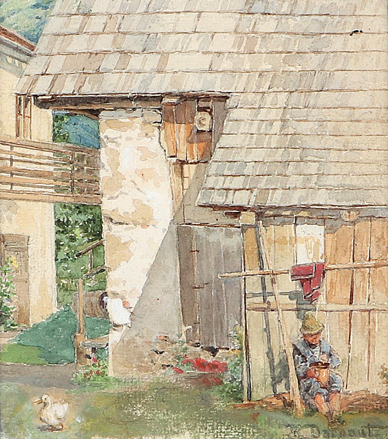 Hand-painted rustic farm courtyard with seated figure landscape oil painting on canvas