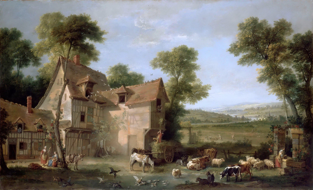 Hand painted oil on canvas landscape oil painting of rustic farm scene with cows and horses near farmhouse, textured. - Add Frame, Animal, Canvas, Country, Farm, Figure, Hand Painted, Landscape, Made To Order, Oil Painting
