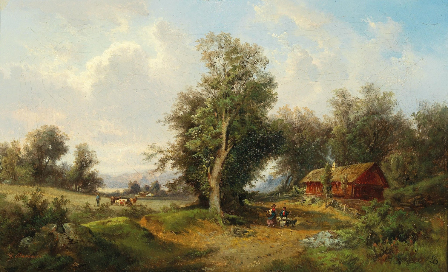 Hand-painted rustic farmhouse and country path scene landscape oil painting on canvas