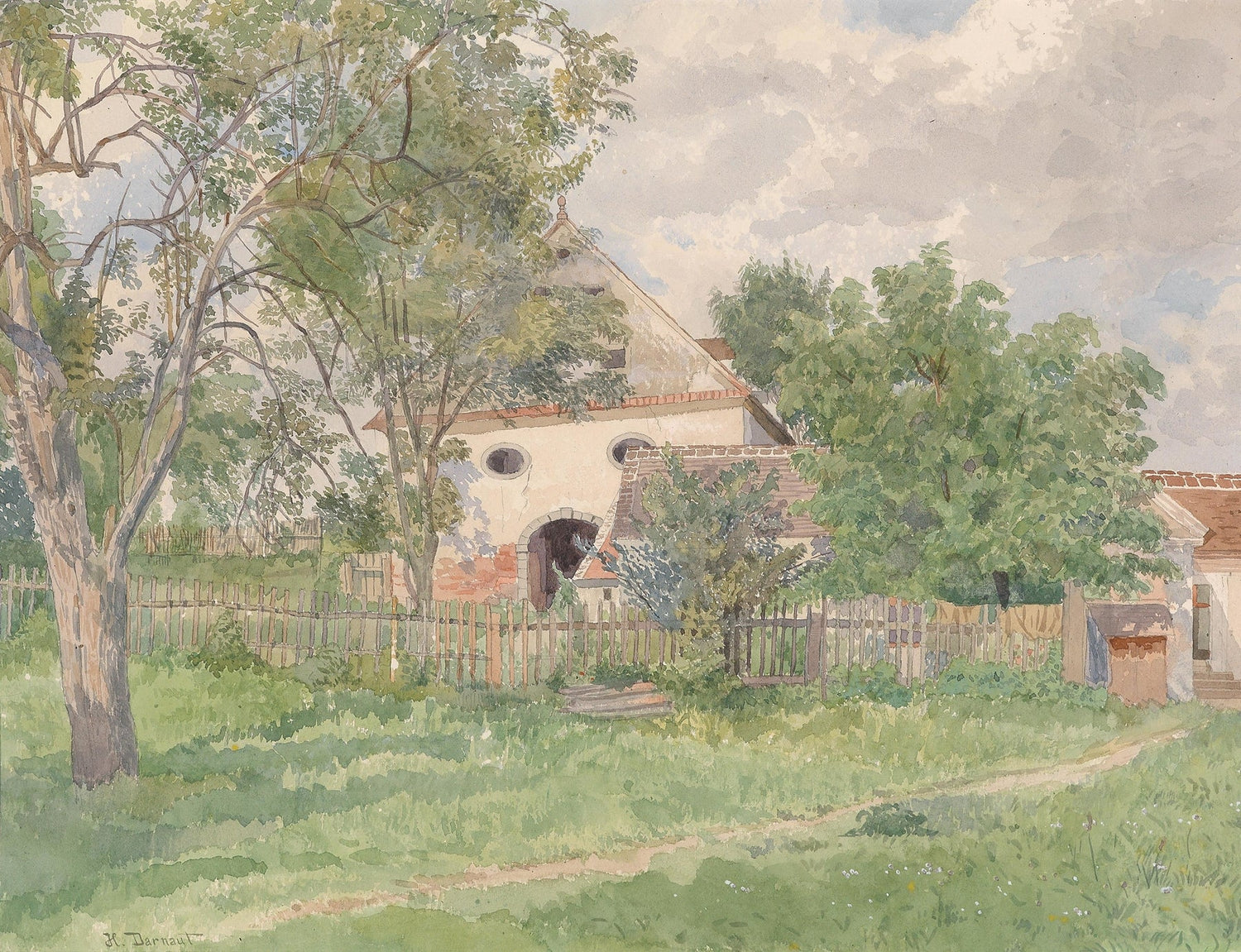 Hand-painted rustic farmhouse and garden path view landscape oil painting on canvas