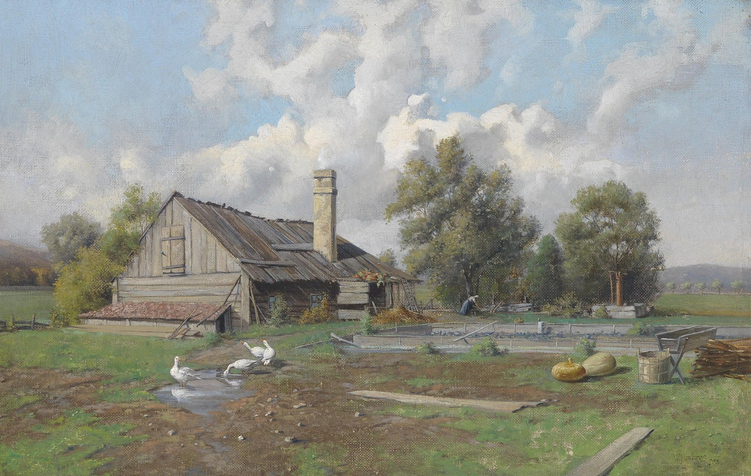 Landscape Oil Painting - Rustic Farmhouse,Ducks, Pumpkins & Country Yard - Oil Painting Haven