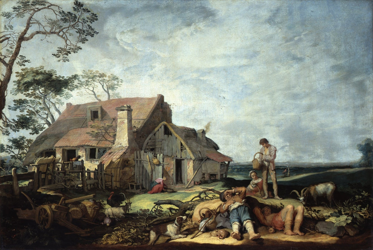Hand-painted rustic farmstead with resting figures landscape oil painting on canvas