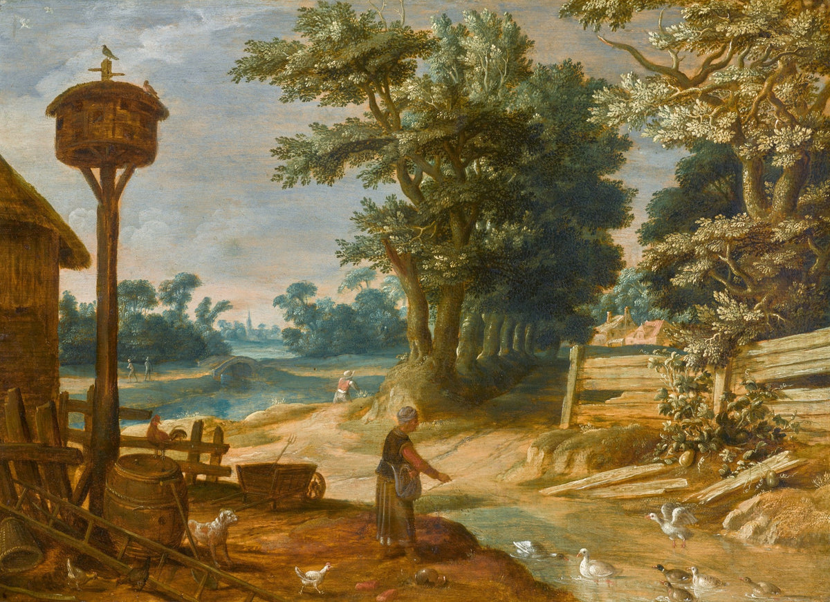 Hand-painted rustic farmyard pond with ducks landscape oil painting on canvas