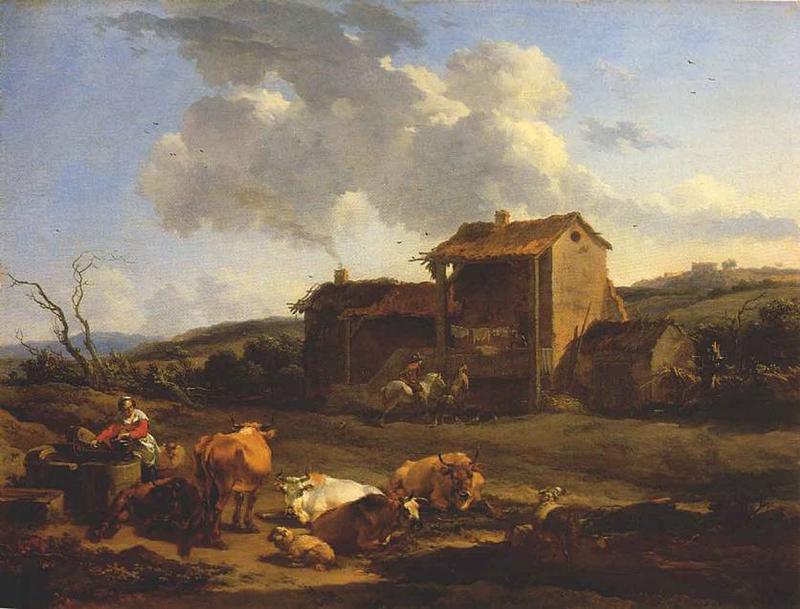 Hand-painted rustic farmyard with cattle and figures landscape oil painting on canvas