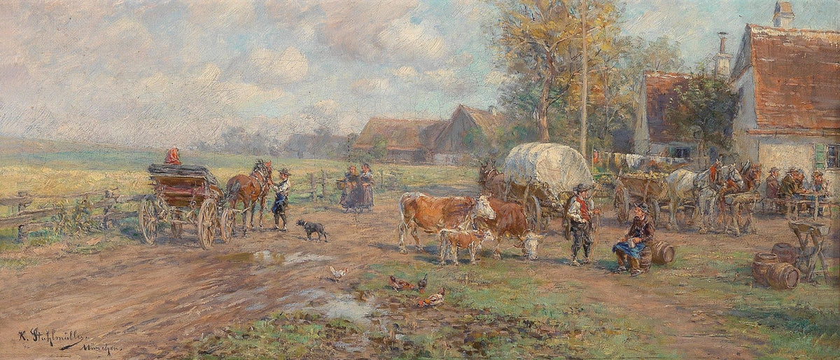 Hand-painted rustic farmyard with wagons and cattle landscape oil painting on canvas