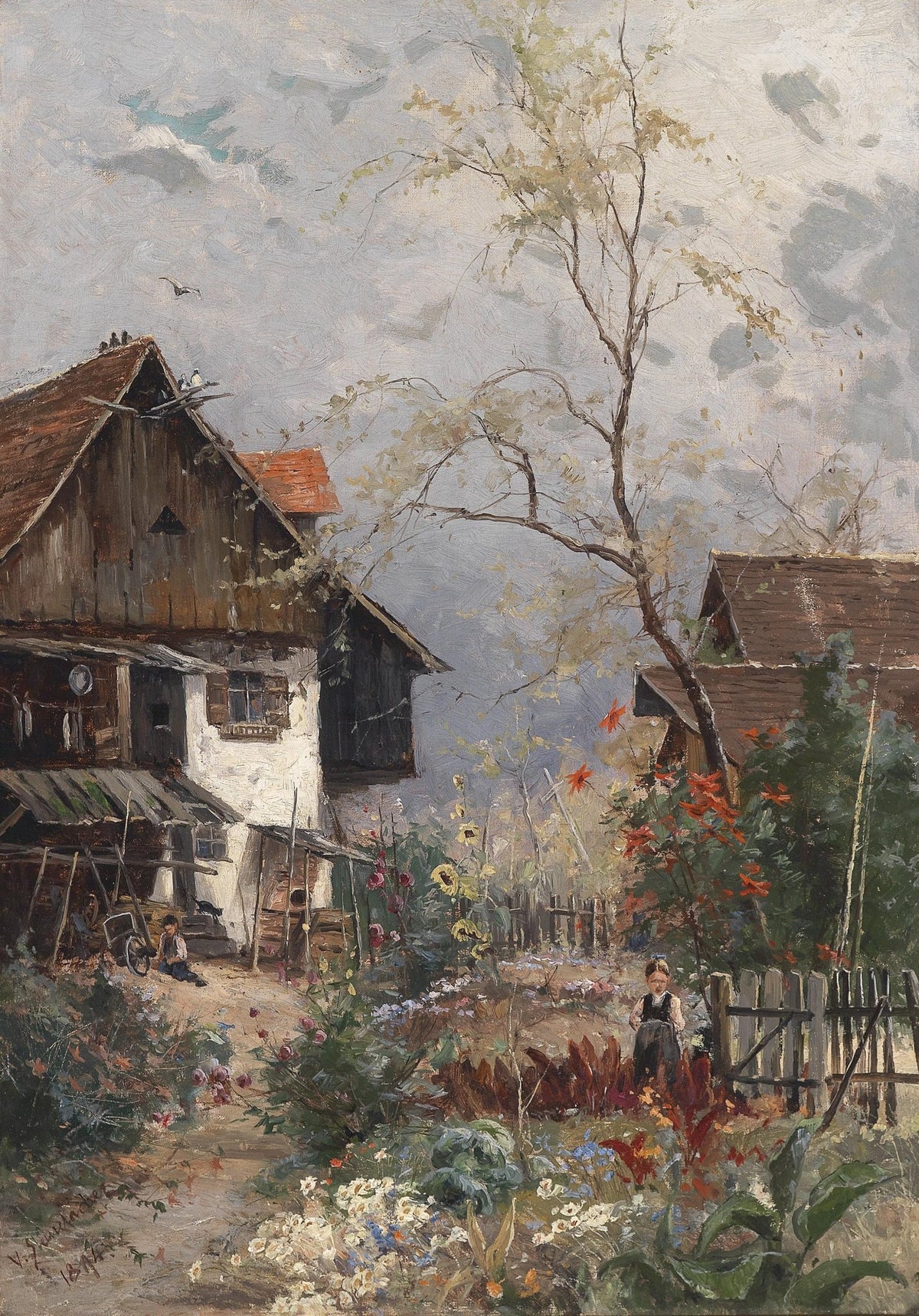 Hand-painted rustic garden cottage with spring flowers landscape oil painting on canvas