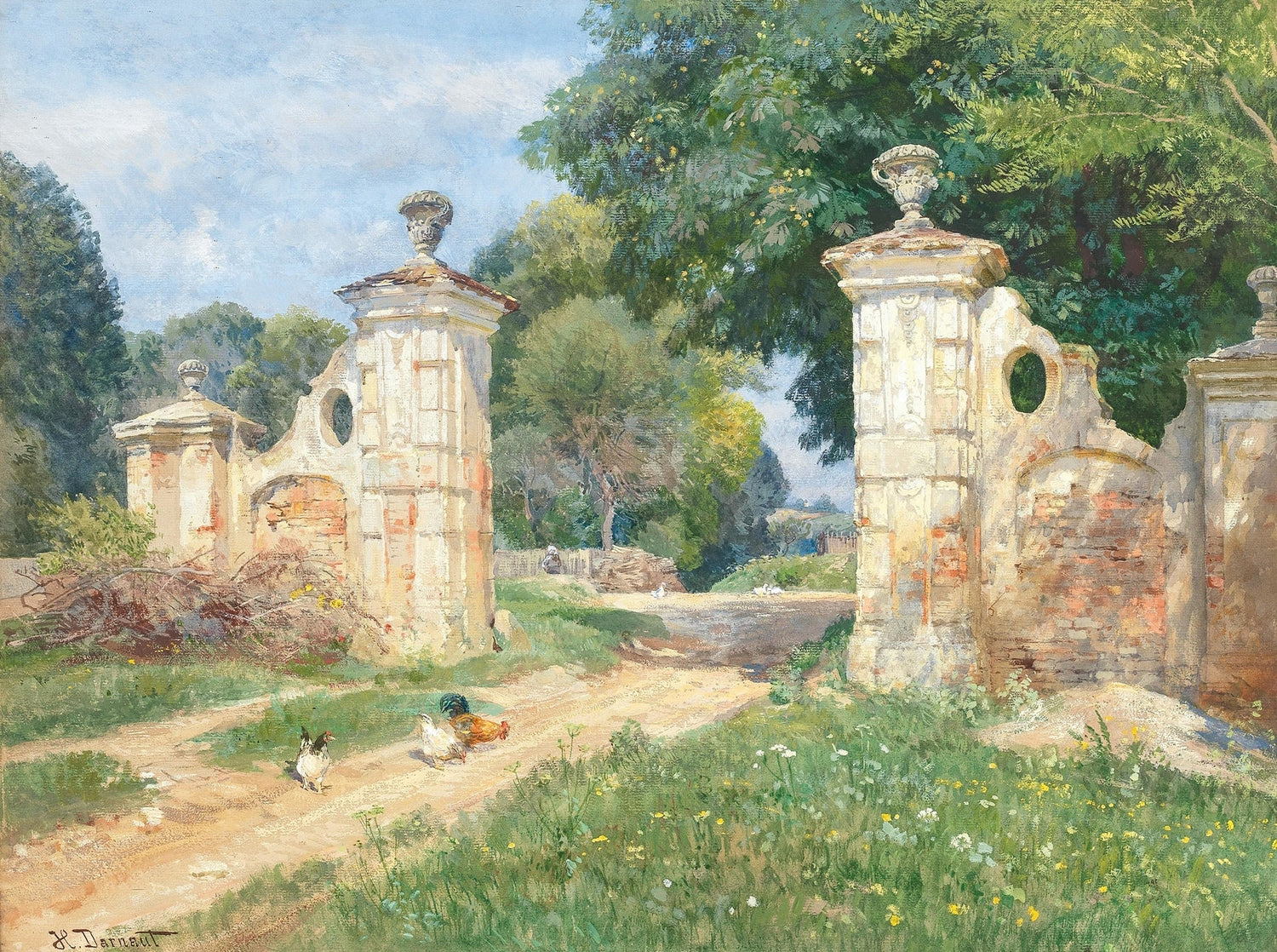 Hand-painted rustic garden gate and country lane landscape oil painting on canvas