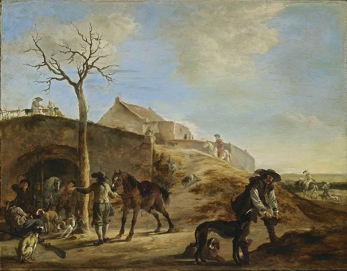Hand-painted rustic hunt scene with horses and hounds landscape oil painting on canvas
