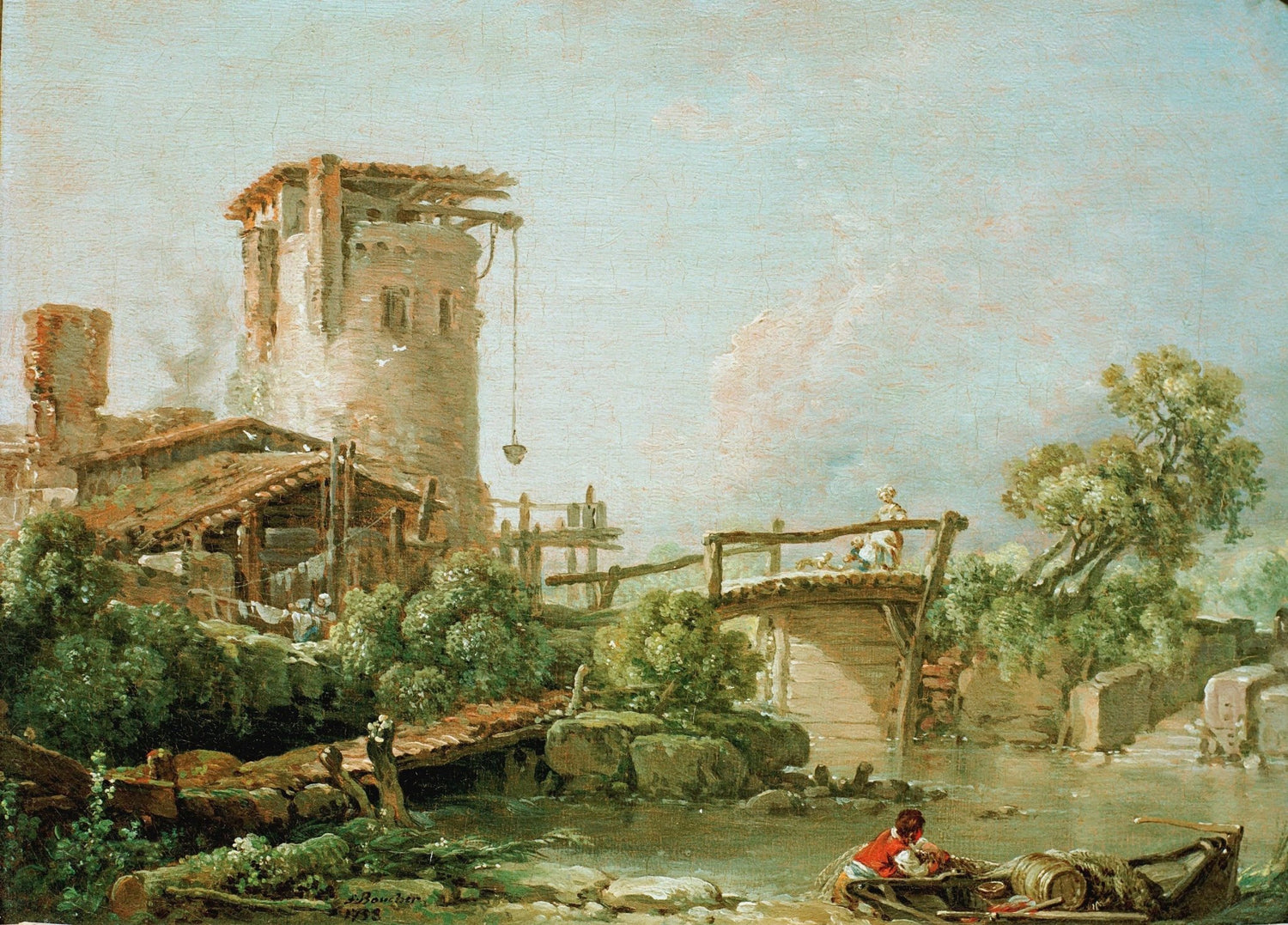 Hand painted landscape oil painting of rustic mill by river with stone bridge and textured brushwork on canvas. - Add Frame, Architecture, Canvas, Country, Hand Painted, Landscape, Made To Order, Oil Painting, River