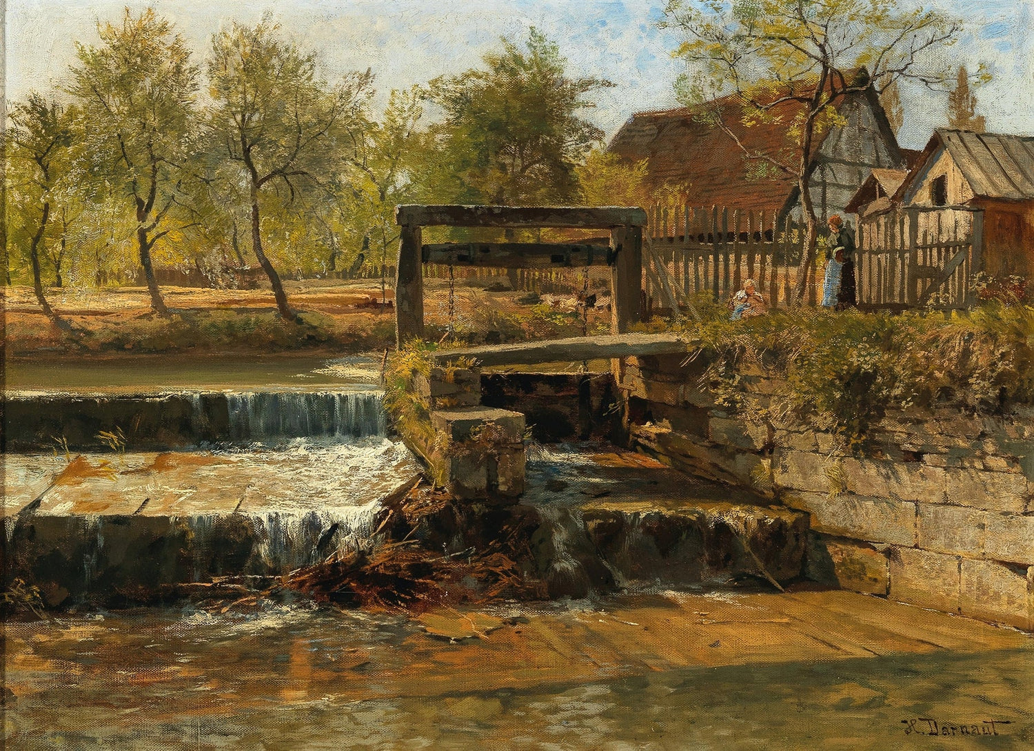 Hand-painted rustic mill stream and village scene landscape oil painting on canvas