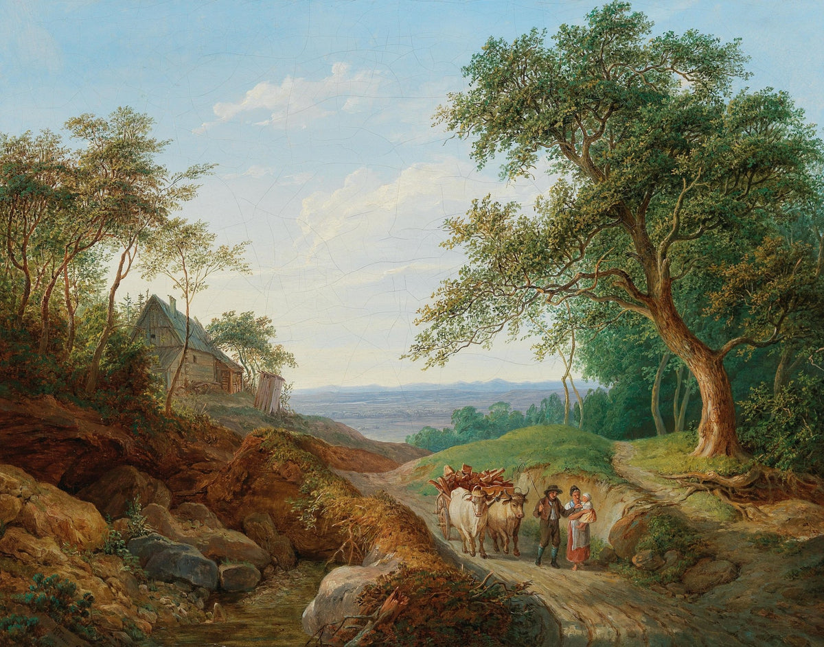 Hand-painted rustic ox cart path with cottage view landscape oil painting on canvas