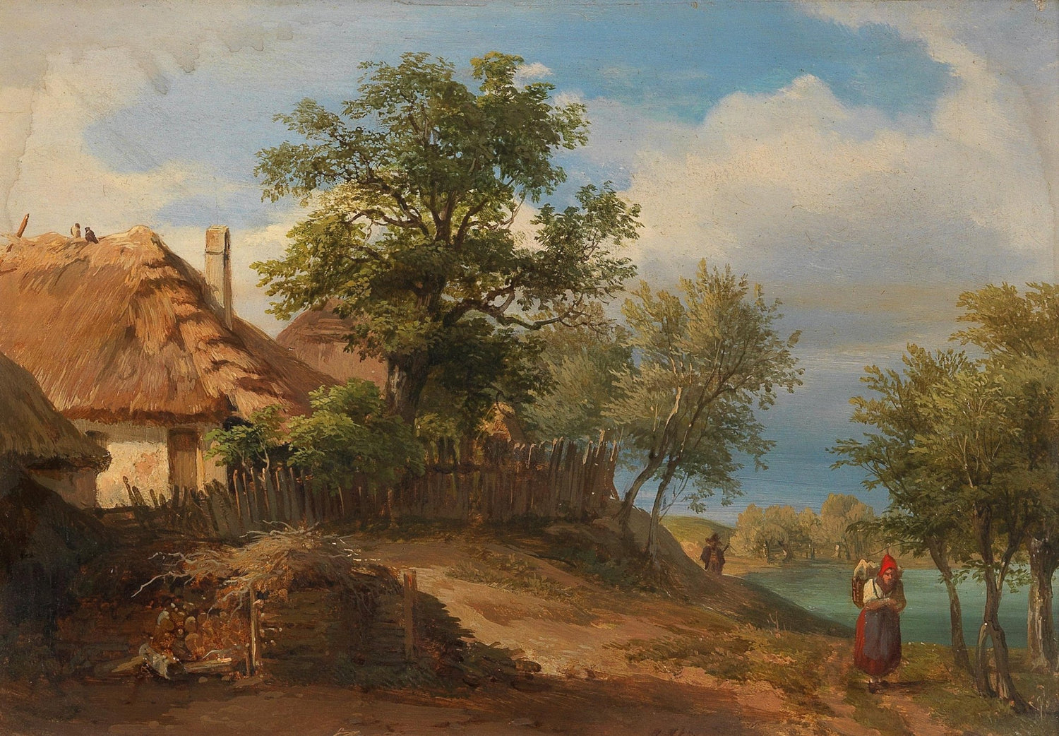 Hand-painted rustic riverside cottage with figure landscape oil painting on canvas