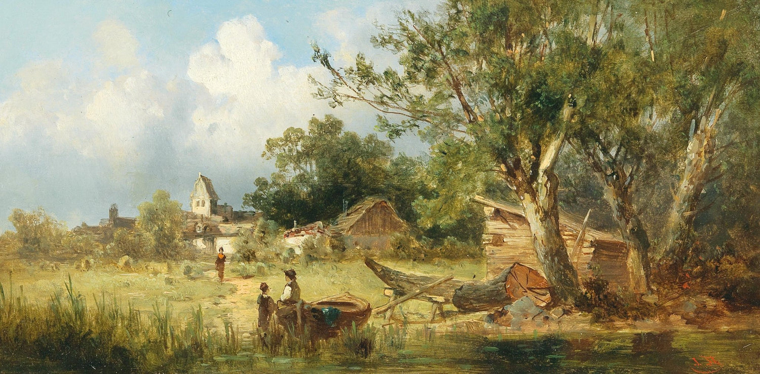 Hand-painted rustic riverside village with boat landscape oil painting on canvas