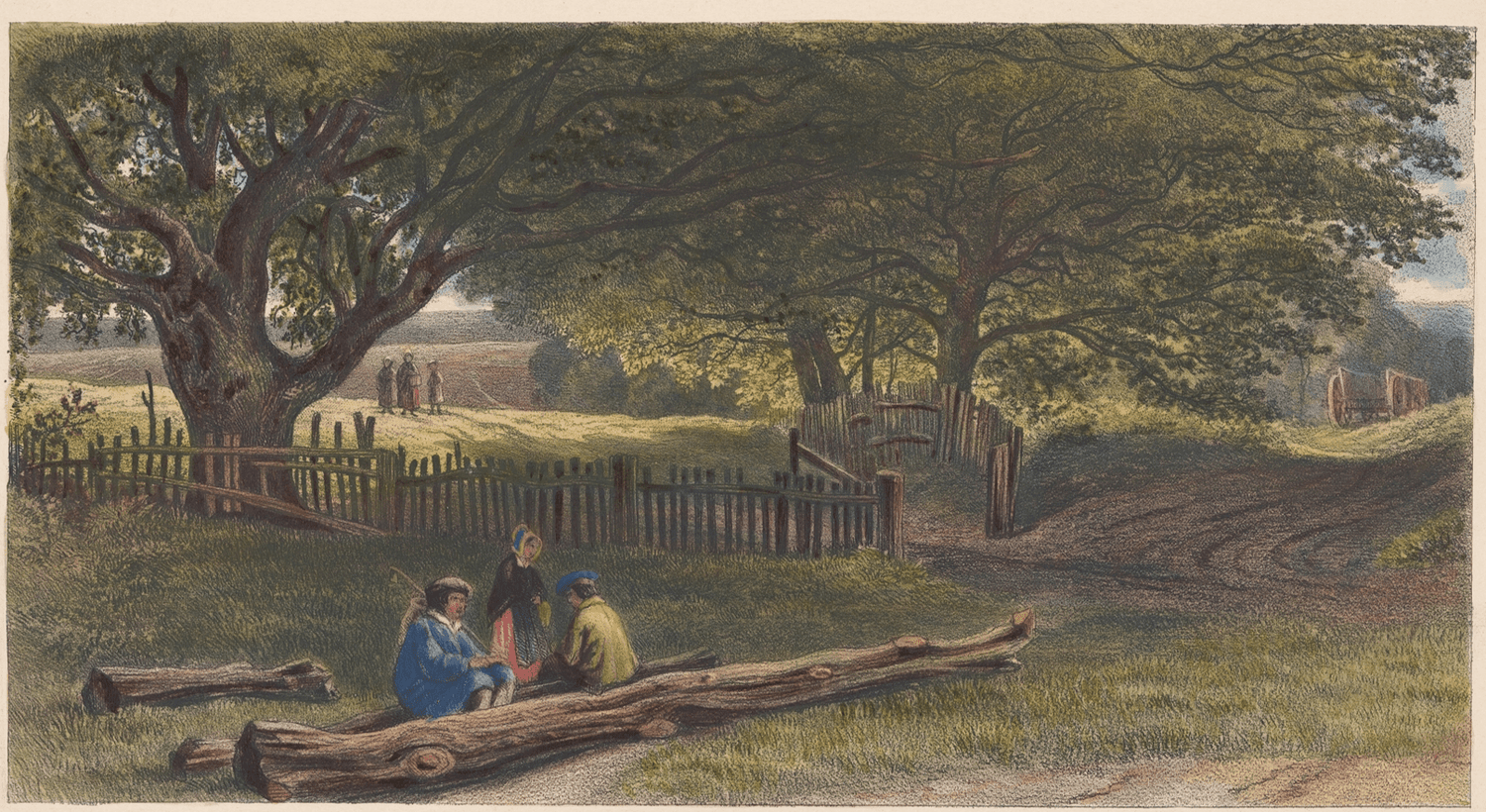 Hand-painted rustic roadside rest beneath oak trees landscape oil painting on canvas