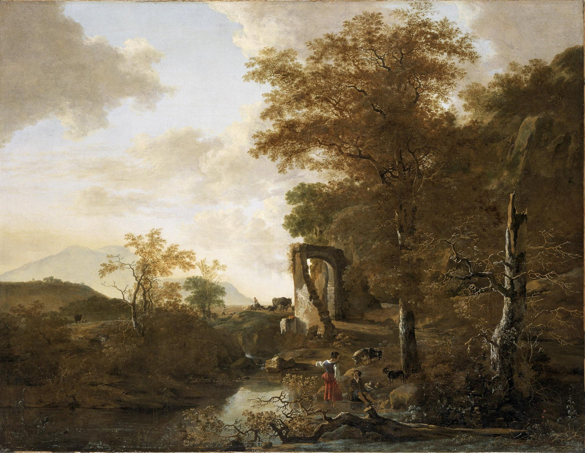 Hand-painted rustic ruins, autumn trees and stream landscape oil painting on canvas