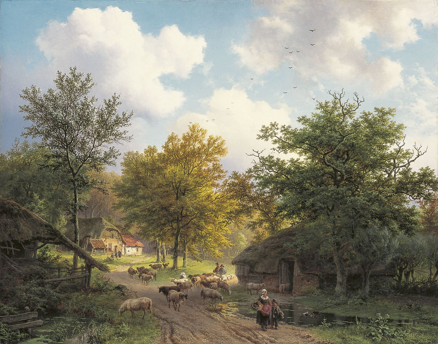 Hand-painted rustic sheep lane by country cottages landscape oil painting on canvas
