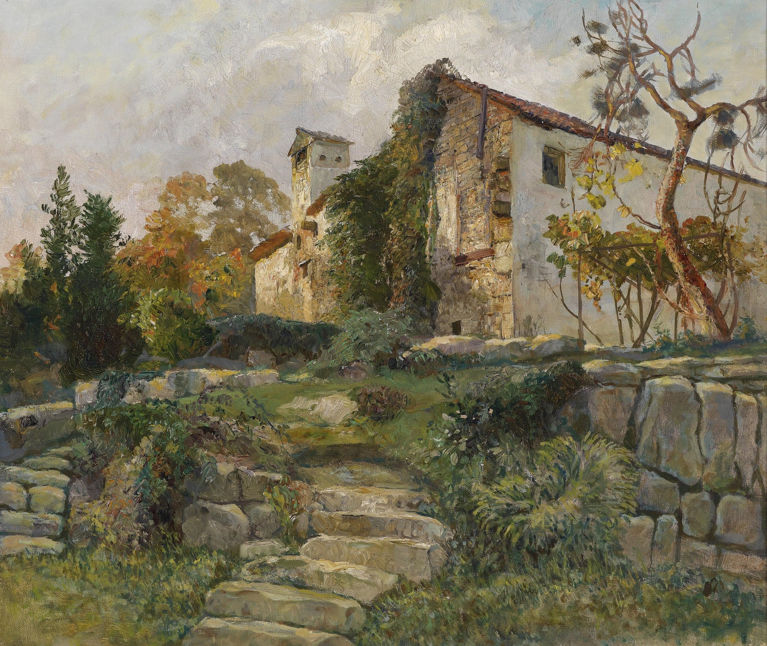 Landscape Oil Painting - Rustic Stone Farmhouse: Steps & Autumn Foliage - Oil Painting Haven