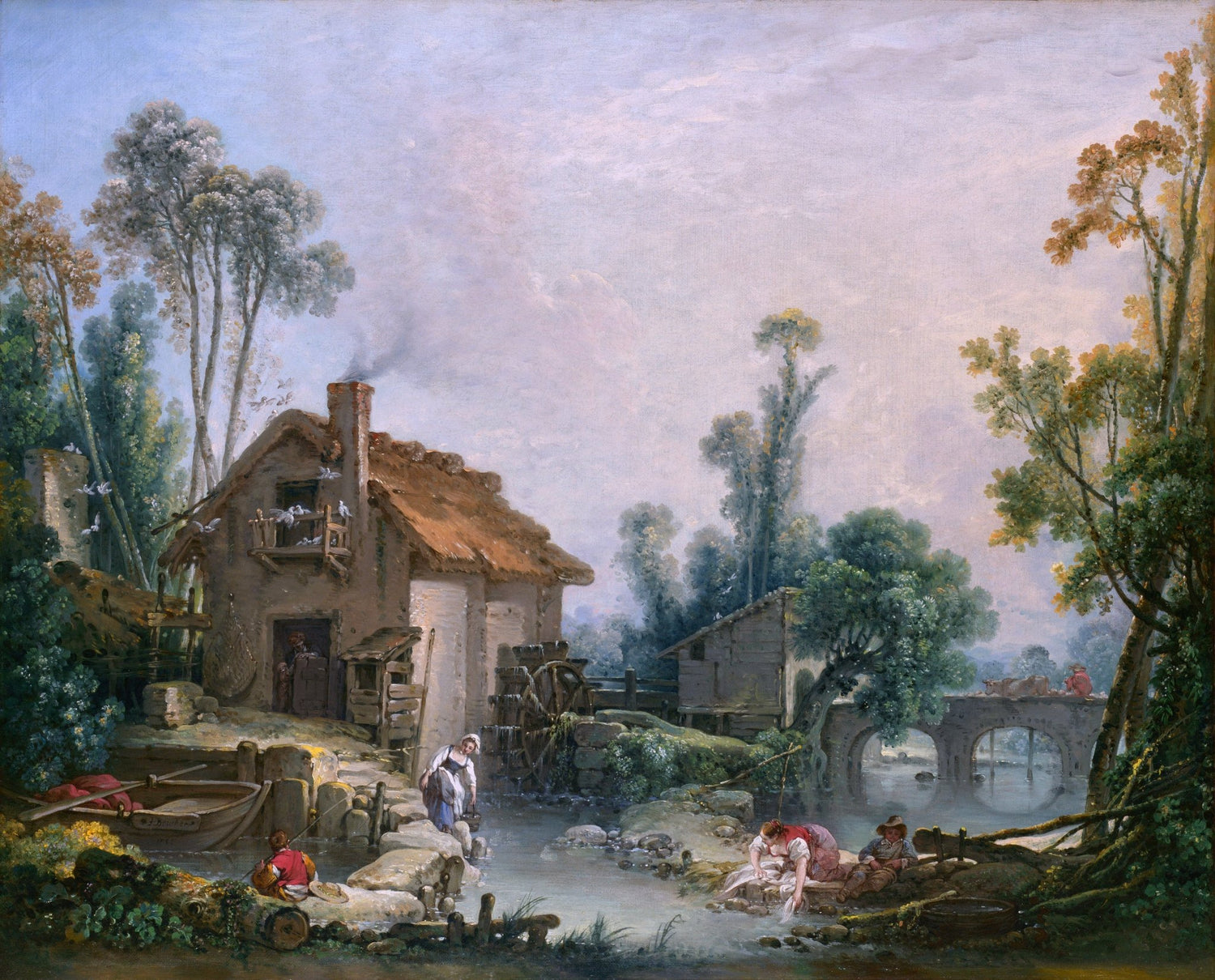 Hand painted landscape oil painting of rustic village with stream, textured brushwork on canvas. - Add Frame, Canvas, Country, Figure, Hand Painted, Landscape, Made To Order, Oil Painting, River, Village