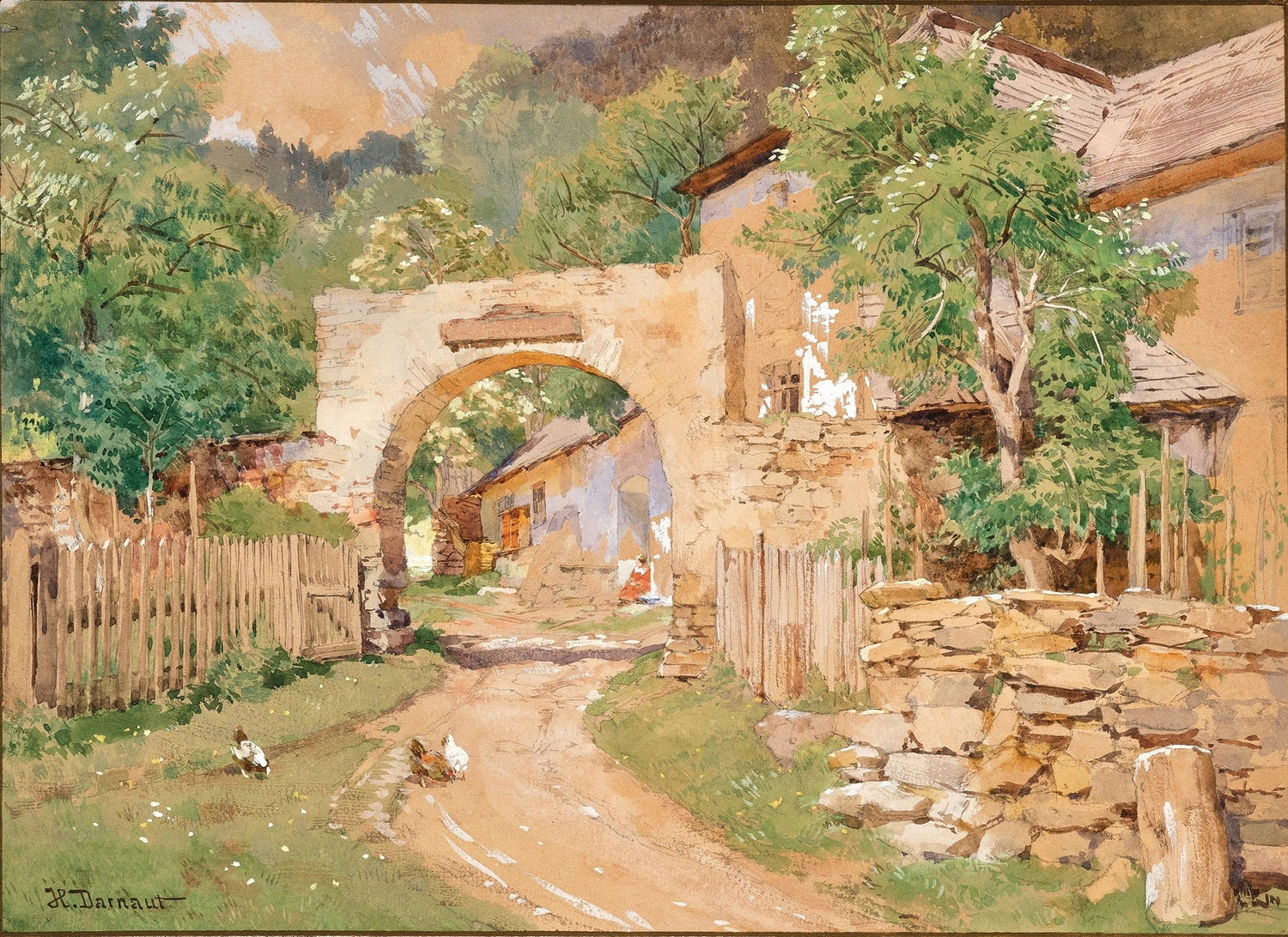 Hand-painted rustic village archway and cottage lane landscape oil painting on canvas